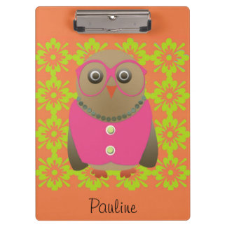 オレンジのおばあちゃんフクロウのクリップボード 名前入り クリップボード