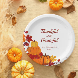 オレンジのかぼちゃと落ち葉の Thanksgiving ペーパープレート