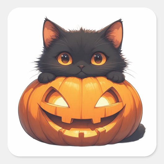オレンジのかぼちゃと黒猫のディスプレイ スクエアシール (正面)