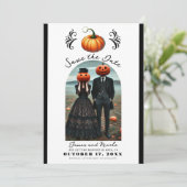 オレンジのかぼちゃのハロウィン+秋の写真+結婚式の延期案内 招待状 (スタンド正面)