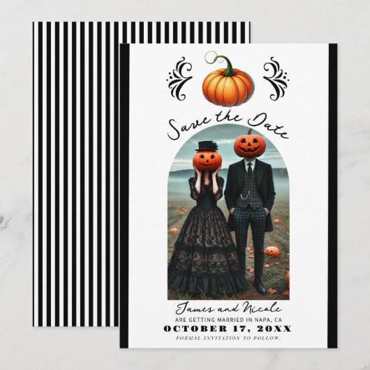 オレンジのかぼちゃのハロウィン+秋の写真+結婚式の延期案内 招待状 (正面/裏面)