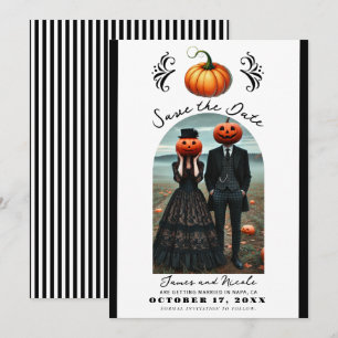 オレンジのかぼちゃのハロウィン+秋の写真+結婚式の延期案内 招待状