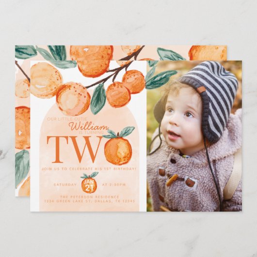 オレンジのかわいこちゃんターニング22歳の誕生日パーティー写真 招待状 (正面/裏面)