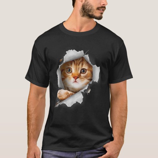 オレンジのねこ ねこ 破れた 布 仔猫 Tシャツ (正面)