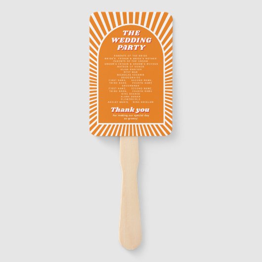 オレンジのアーチと太陽光線のグルービーウェディングプログラム ハンドファン (裏面)