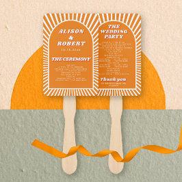 オレンジのアーチと太陽光線のグルービーウェディングプログラム ハンドファン