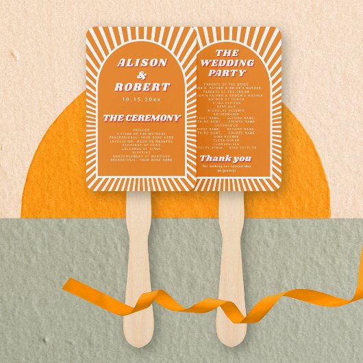 オレンジのアーチと太陽光線のグルービーウェディングプログラム ハンドファン