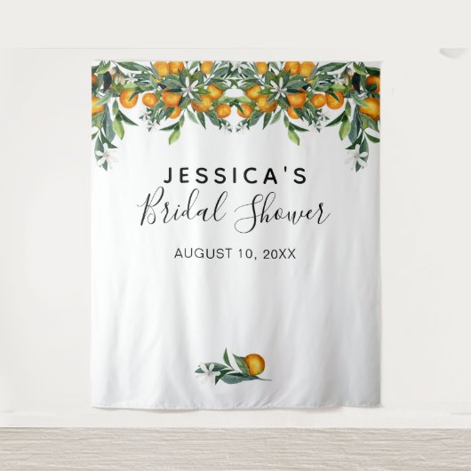 オレンジのウェディングシャワーの背景パネルと写真撮影ブース タペストリー (正面)