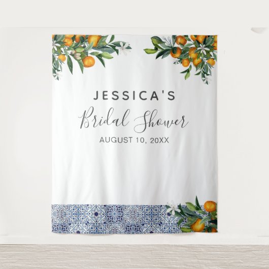 オレンジのウェディングシャワー背景写真ブース タペストリー (正面)