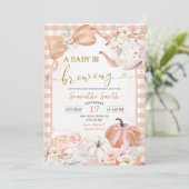 オレンジのカボチャベビーが赤ちゃんシャワー茶を醸造している 招待状 (スタンド正面)