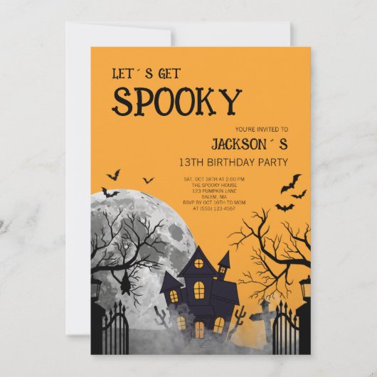 オレンジのキッズ向け Let's Get Spooky 13歳の誕生日パーティー 招待状 (正面)
