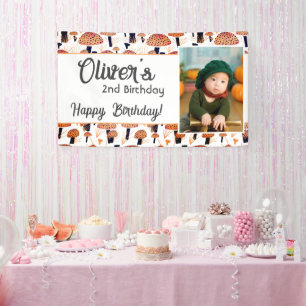 オレンジのキノコ模様の秋の写真誕生日 横断幕