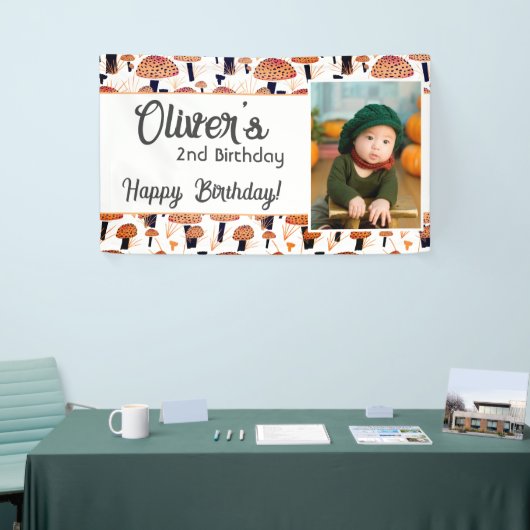 オレンジのキノコ模様の秋の写真誕生日 横断幕 (トレードショー)