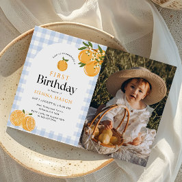 オレンジのギンガム シトラス 1歳の誕生日写真 招待状