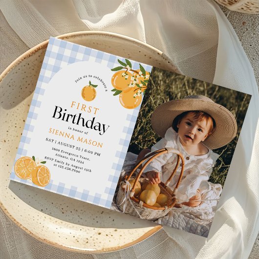 オレンジのギンガム シトラス 1歳の誕生日写真 招待状