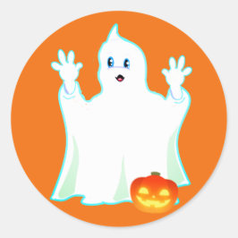 オレンジのクラシックステッカーに描かれた可愛いハロウィンのお化けとカボチャ ラウンドシール