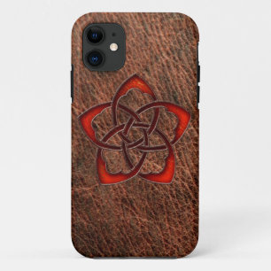 オレンジのケルト結び目模様の花の本革 iPhone 11 ケース