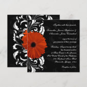 オレンジのゲルベラ ダリア ブラックとホワイトのスクロール 招待状 (正面/裏面)
