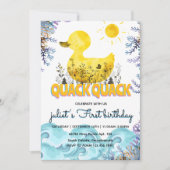 オレンジのゴムあひるの黄色 1歳の誕生日 招待状 (正面)