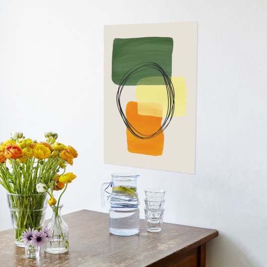 オレンジのシェイプ手描き水彩画モダン画2 箔ポスター (レイダウン (キッチン))