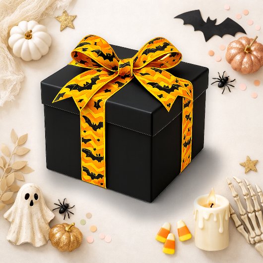 オレンジのシェブロンハロウィン柄 サテンリボン