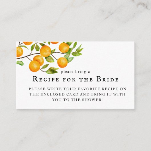 オレンジのシトラス ブライダルシャワーレシピのリクエスト エンクロージャーカード (正面)
