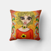 オレンジのシャツと黄色の白い花を持つ女の子 クッション (裏面)