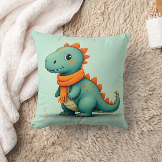 オレンジのスカーフを巻いたかわいい恐竜 クッション (ブランケット)