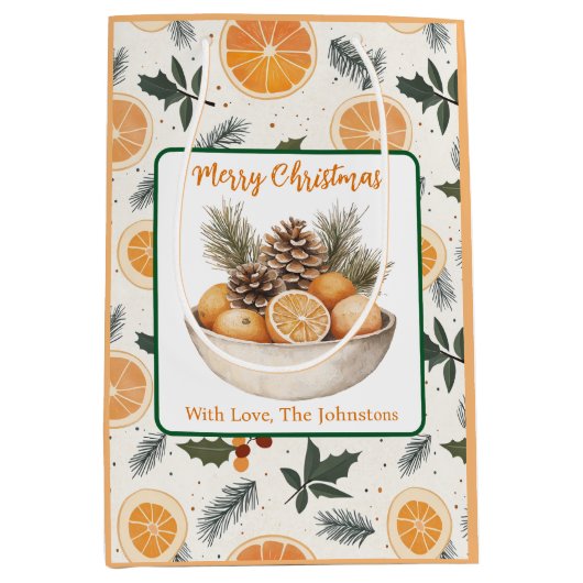 オレンジのスライスとパインクリスマスパーソナライズされた ミディアムペーパーバッグ (正面)