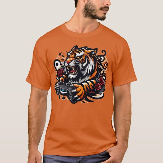 オレンジのタイガーゲーマーTシャツ メンズ Tシャツ (正面)