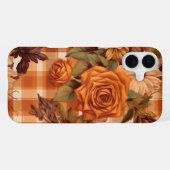 オレンジのチェック柄と秋の花 iPhoneケース (裏面横)