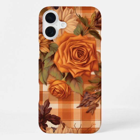オレンジのチェック柄と秋の花 iPhoneケース (裏面)