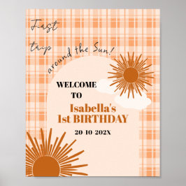 オレンジのチェック柄 初めての誕生日おめでとう ポスター