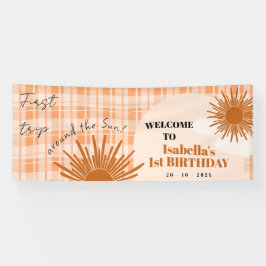 オレンジのチェック柄 初めての誕生日おめでとう 横断幕