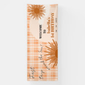 オレンジのチェック柄 初めての誕生日おめでとう 横断幕 (縦)