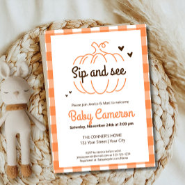 オレンジのチェック柄 秋のポンプキン お披露目会 招待状