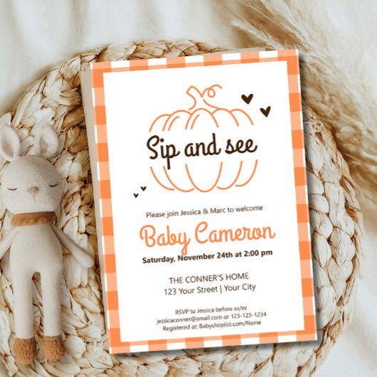 オレンジのチェック柄 秋のポンプキン お披露目会 招待状