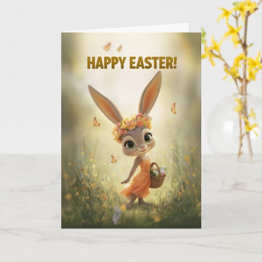 オレンジのドレスのダンシングバニー イースターカード カード (黄色い花)