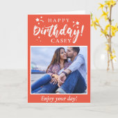 オレンジのハッピーバースデーカスタム写真と文字 カード (黄色い花)