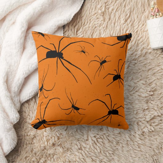 オレンジのハロウィンスパイダーパターン 黒クモ クッション (ブランケット)