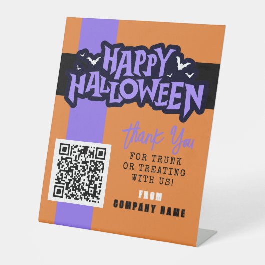 オレンジのハロウィーンのビジネスをトランクまたは治療ありがとう 台座サイン (正面)