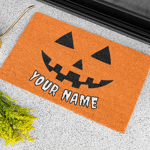 オレンジのパンプキンに名前入りハロウィンデザイン ドアマット