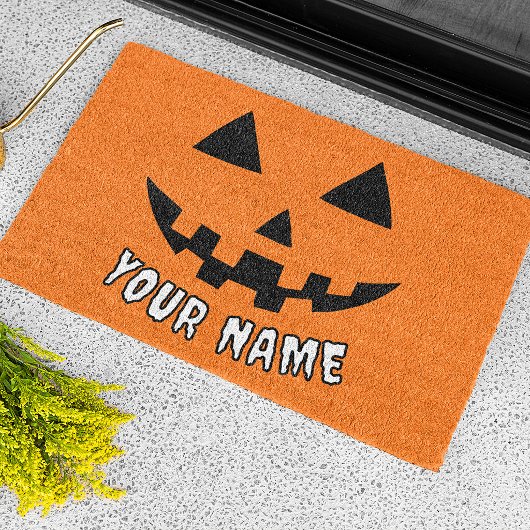 オレンジのパンプキンに名前入りハロウィンデザイン ドアマット
