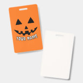オレンジのパンプキンに名前入りハロウィンデザイン バッジ (正面&裏面)