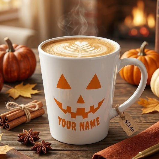 オレンジのパンプキンに名前入りハロウィーン グッズ カフェラテマグ