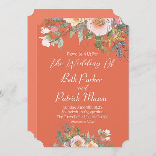 オレンジのフローラで私たちに参加結婚する 招待状 (正面/裏面)