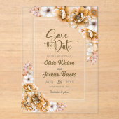 オレンジのフローラ結婚式の日付を保存 アクリル招待状 (正面)