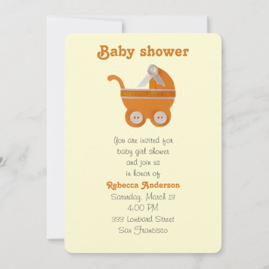 オレンジのベビーキャリッジ、赤ちゃんシャワー用の白いボタン 招待状 (正面)