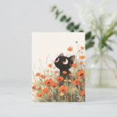 オレンジのポピー満開の草原の黒猫 ポストカード (スタンド正面)