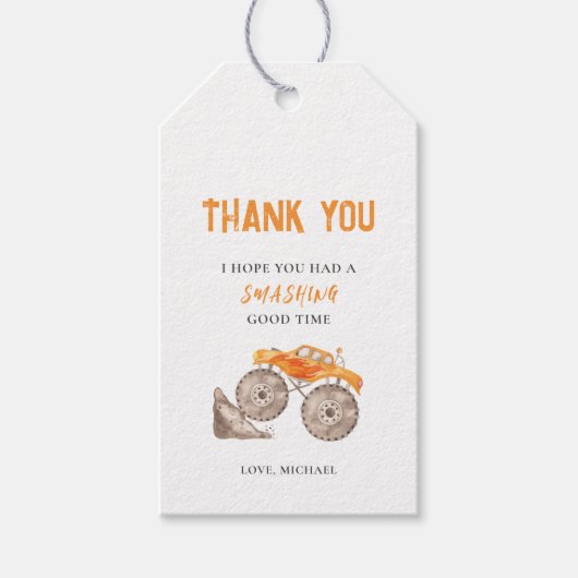 オレンジのモンスタートラックの誕生日ギフトタグ ギフトタグ (正面)